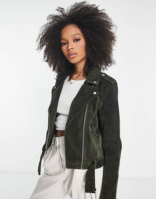 Levi's faux suede belted moto jacket in olive | ASOS