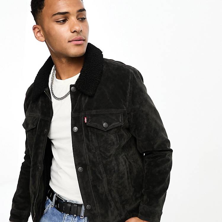 Levi's faux suede trucker jacket in charcoal | ASOS