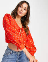 Free People Amanda wrap top ruffle detail blouse in blue | ASOS