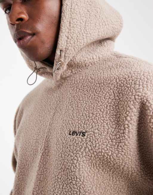 Levi's - Felpa con cappuccio in pile borg beige con logo tono su tono, 3 di 5