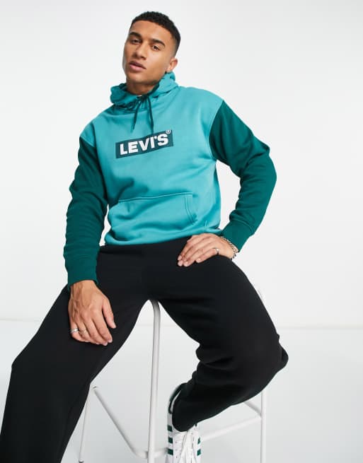 Levi's - Felpa con cappuccio verde con riquadro del logo al centro e maniche a contrasto