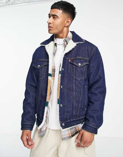 rytme Presenter Afgang Levi's - Forvasket marineblå denim-truckerjakke i vintage fit sherpa | ASOS