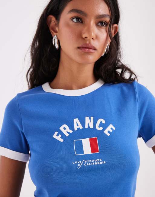 Levi's - France - T-shirt mini blu con bordi a contrasto, 4 di 4