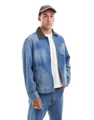 full zip mechanics denim trucker jacket in light blue