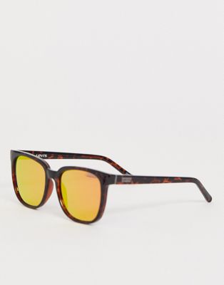 Levi's – Fyrkantiga spräckliga solglasögon med röda spegelglas-Brun