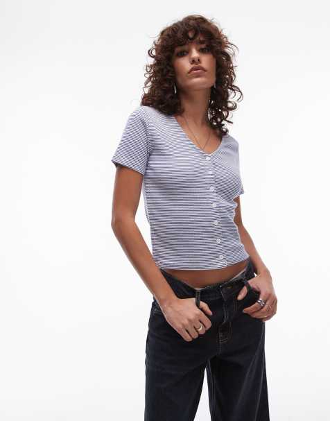 Levi's – Geripptes, kurzes Top mit blauen Streifen und Knopfleiste - view 1