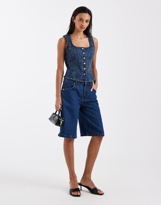 Levi's - Gestructureerde denim top met vierkante hals in blauw, 3 van 4