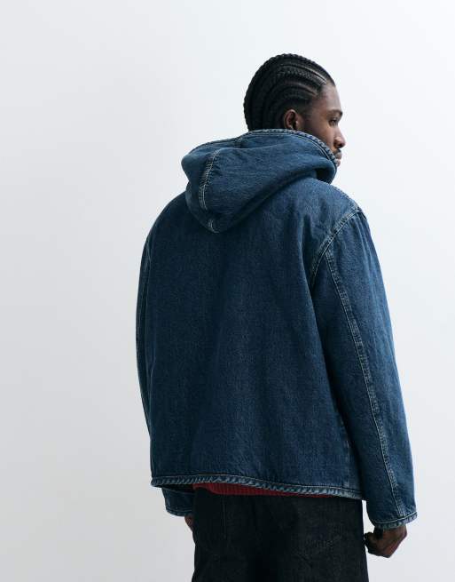 Levi's giacca in denim sherpa con cappuccio oversize blu, 3 di 5