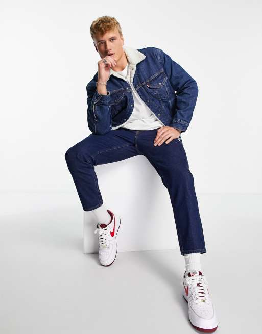 Levi's - Giacca trucker vintage in denim lavaggio scuro blu comoda con fodera in pile borg, 4 di 4