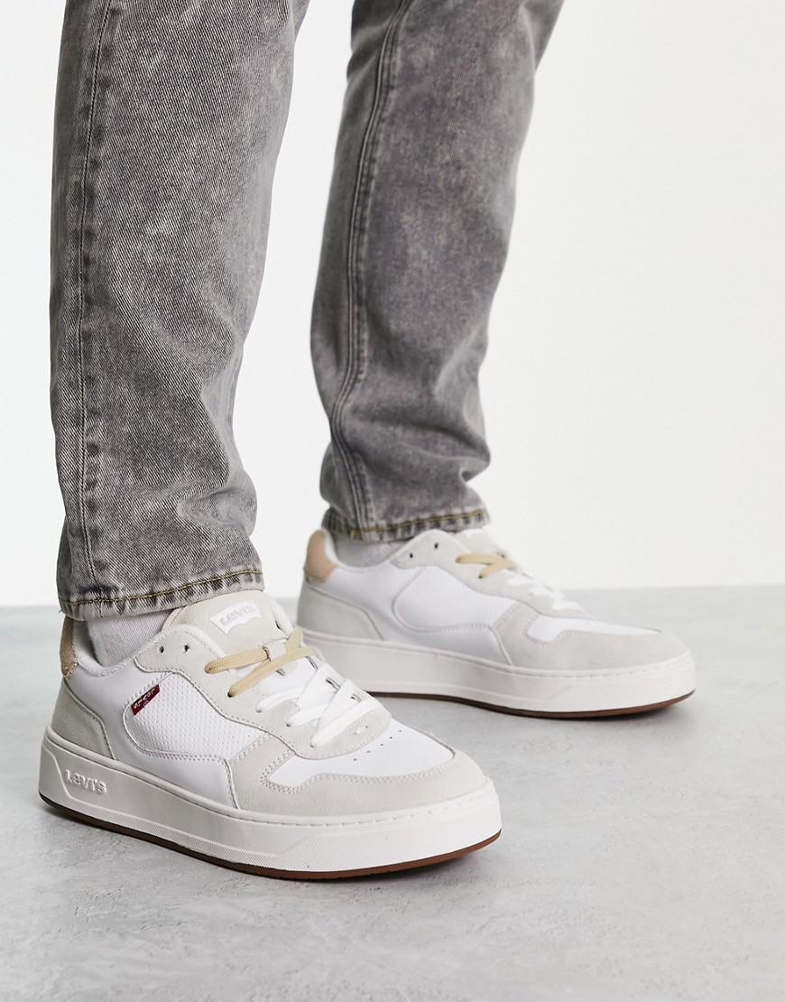 Levi’s Glide leather trainer in cream suede mix with chunky sole and red tab logo-White