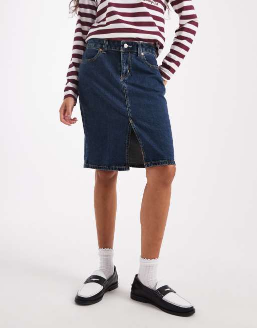 Levi's - Gonna midi in denim lavaggio scuro vintage a vita bassa, 2 di 5