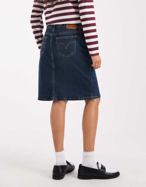Levi's - Gonna midi in denim lavaggio scuro vintage a vita bassa, 4 di 5