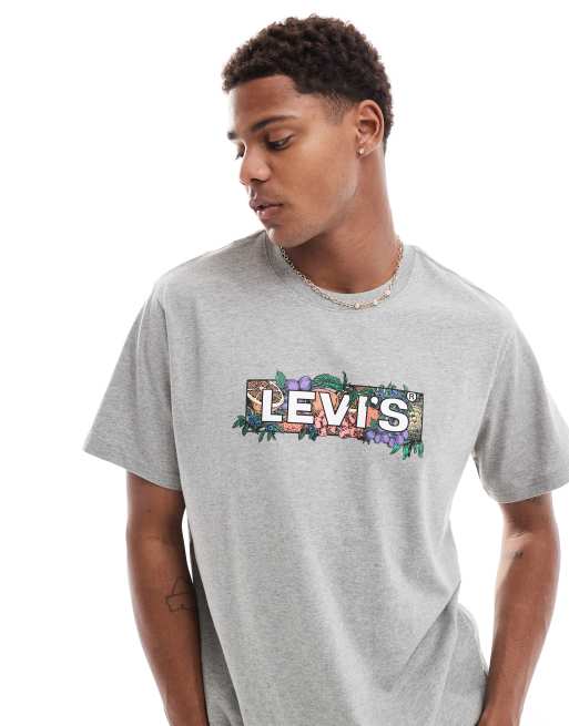 Levi's – Gråmelerad, avslappnad t-shirt med fruktmönstrad boxlogga