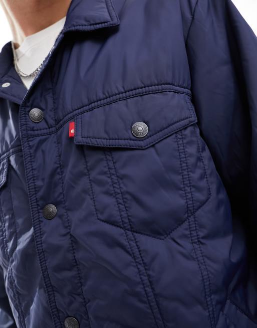 Levi's – Granatowa luźna ocieplana kurtka typu trucker z logo, 3 z 4