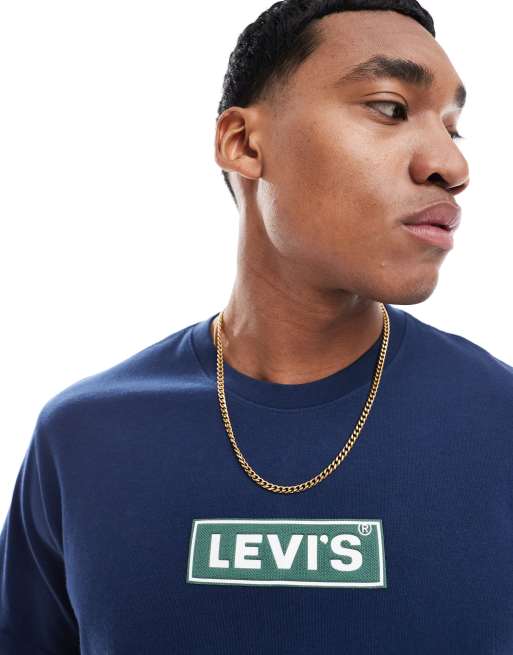 Levi's – Granatowy luźny T-shirt z wypukłym logo w ramce, 3 z 4