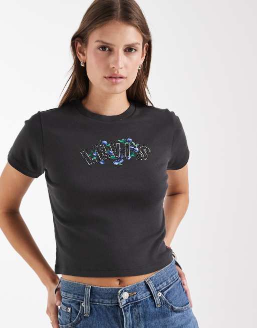 Levi's graphic print baby tee with diamonte in black, 3 of 4