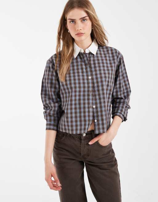 Levi's harlie cropped check shirt with contrast collar in grey , 3 of 4