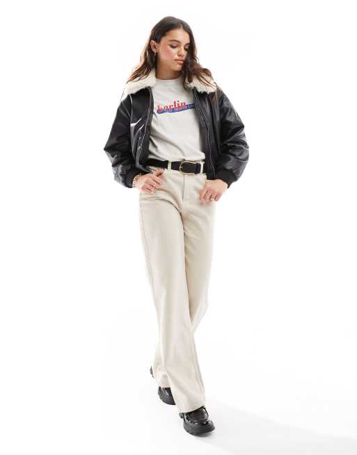 Leather bomber jacket sherpa collar top