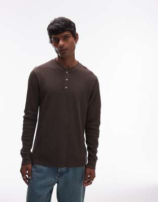 heavyweight thermal henley long sleeve t-shirt in brown