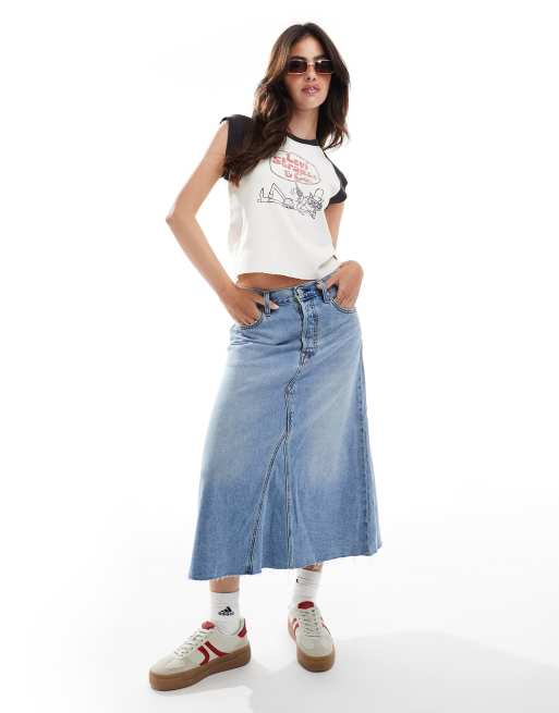 Levi s high rise a line deconstructed long denim skirt in mid blue