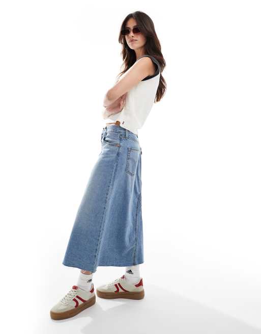 Levi s high rise a line deconstructed long denim skirt in mid blue ASOS