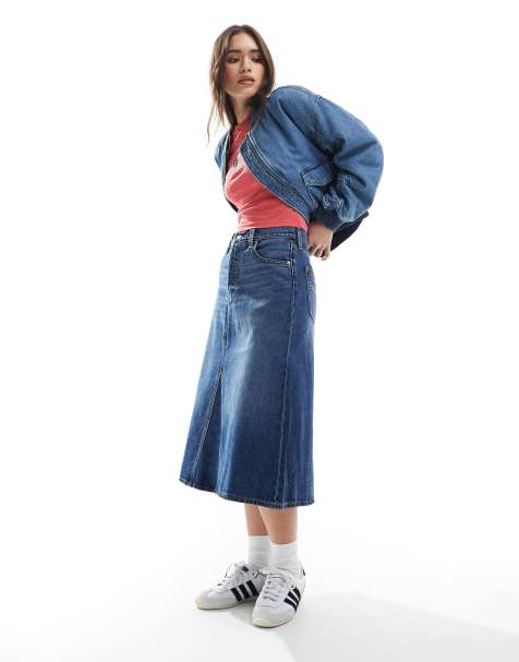 Levi's high rise a-line deconstructed long denim skirt in mid blue 