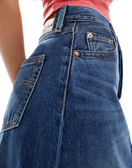 Levi's high rise a-line deconstructed long denim skirt in mid blue