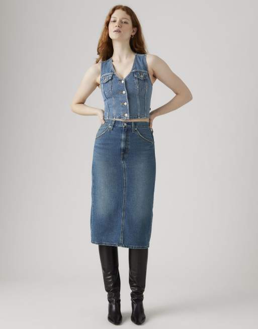 Levi's High rise back slit skirt in blue, 3 of 4