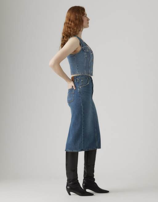 Levi's High rise back slit skirt in blue, 4 of 4