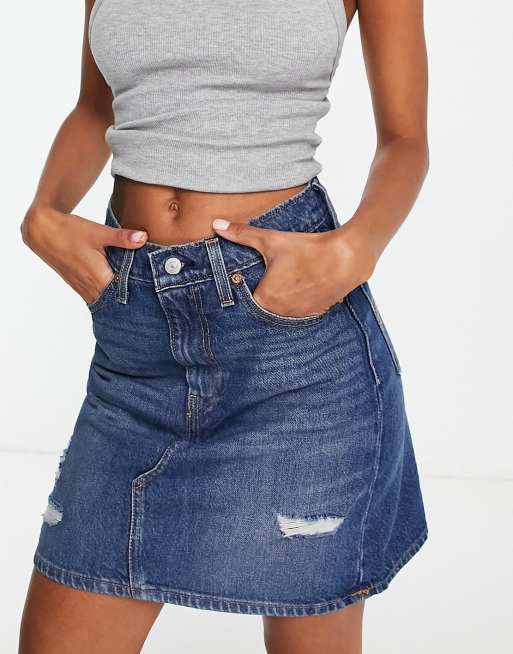 Levi's high rise deconstructed ripped denim skirt in dark wash | ASOS