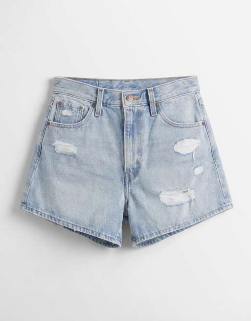 Levi's high waisted distressed denim mom shorts in light blue, 6 of 9