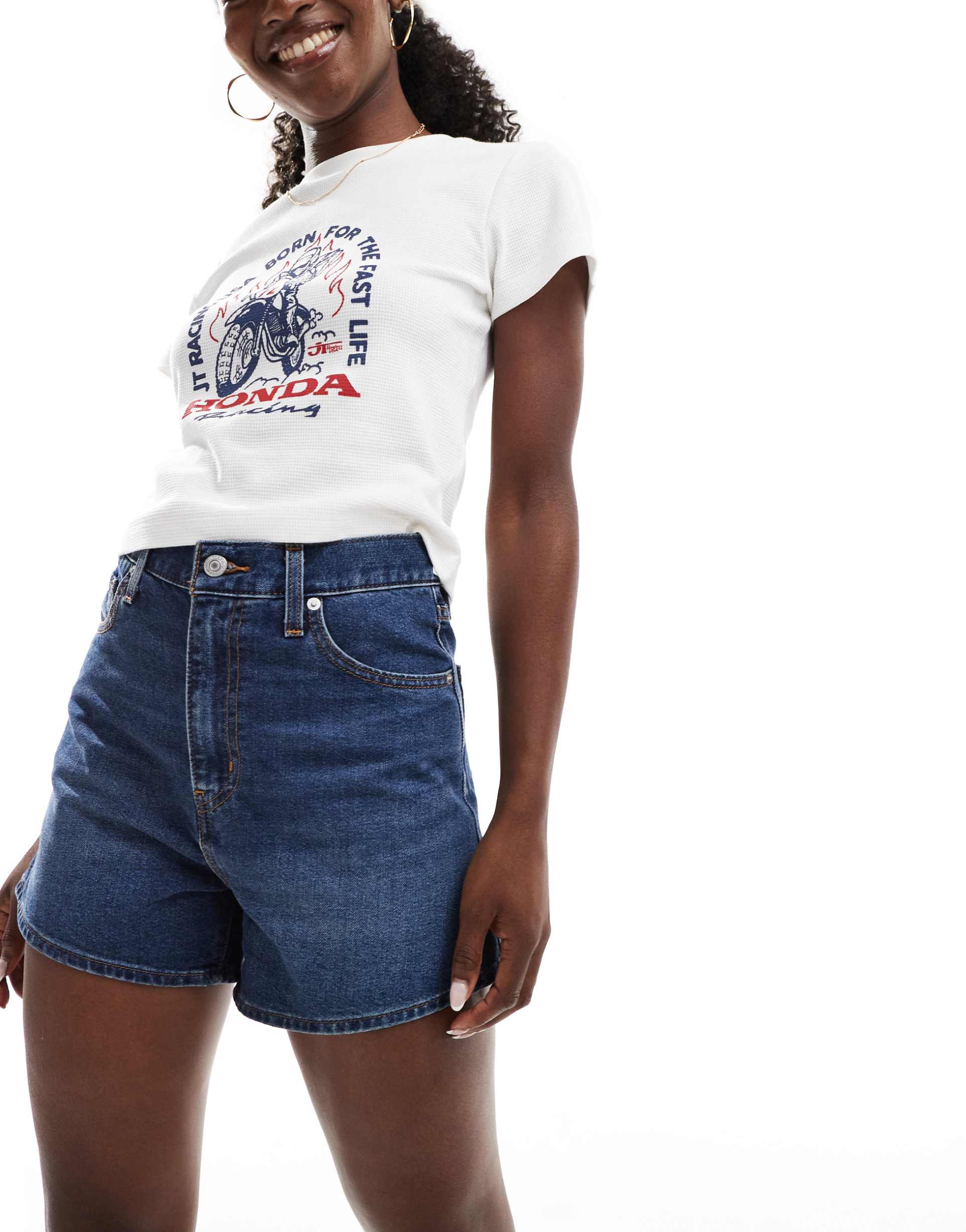 levi's high waisted mom denim shorts in dark blue