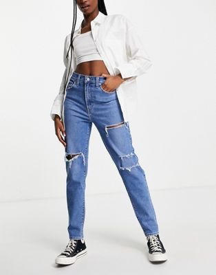 Levi's high waisted ripped mom jean in mid wash
