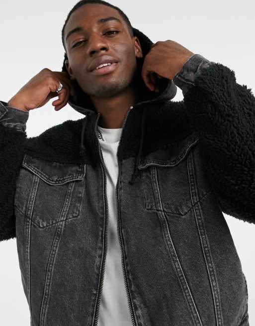 Levi's hooded hybrid sherpa trucker denim jacket in black | ASOS