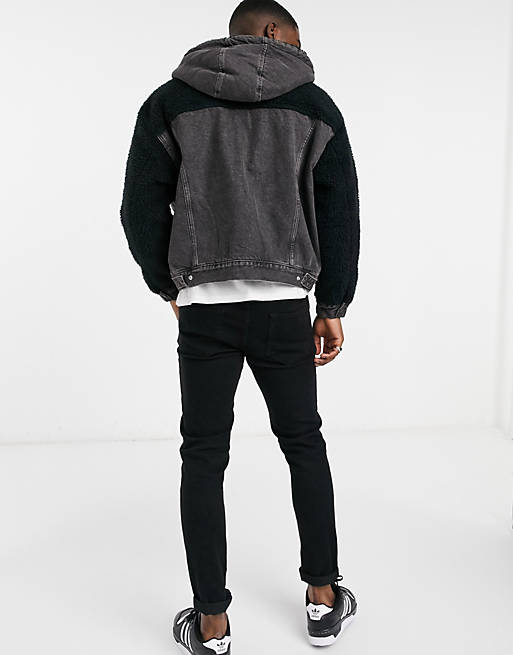 Levi's hooded hybrid sherpa trucker denim jacket in black | ASOS