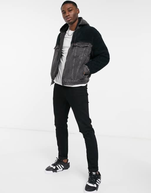 Levi s hooded hybrid sherpa trucker denim jacket in black