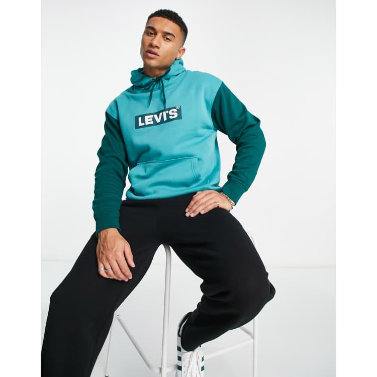 Levi's hoodie in green with central box tab logo and contrasting sleeves |  ASOS