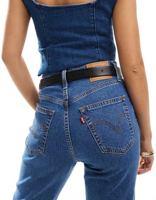 Levi's - Hoog-lage leren riem met gouden gesp in zwart, 3 van 4