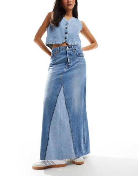 Levi's - Iconic - Gonna lunga blu medio in denim a contrasto - view 1