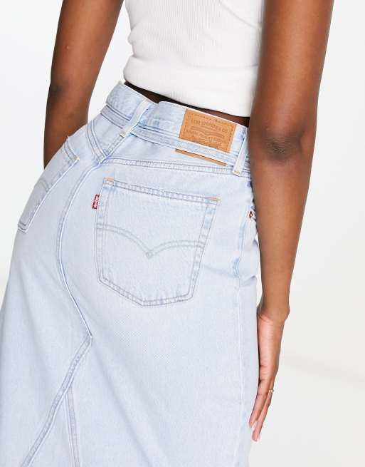 Levi's iconic long denim skirt with belt in light wash blue