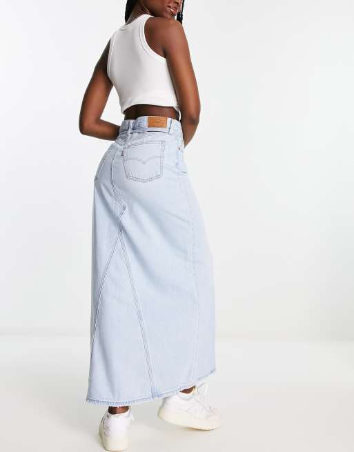 Levi's iconic long denim skirt with belt in light wash blue