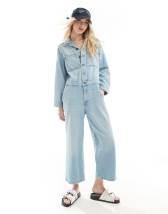 Signature 8 wide leg denim dungarees in dark wash blue