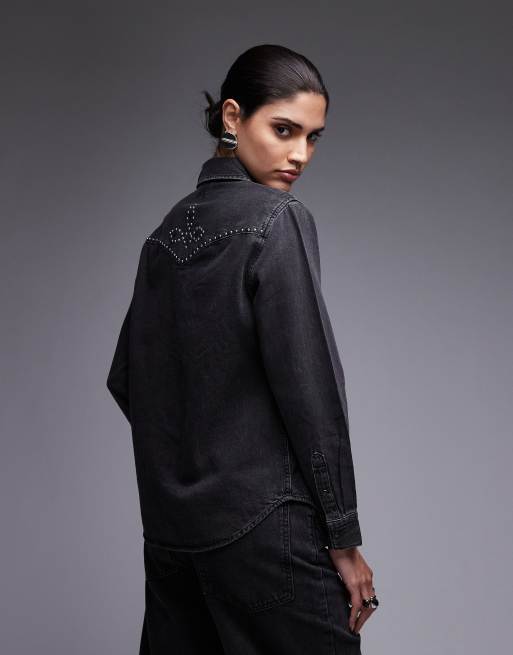 Levi's – Iconic – Svart, tvättad jeansskjorta i cowboystil med nitar, 3 av 4