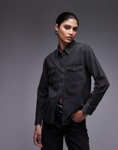 Levi's Iconic western studded denim shirt in washed black - view 1