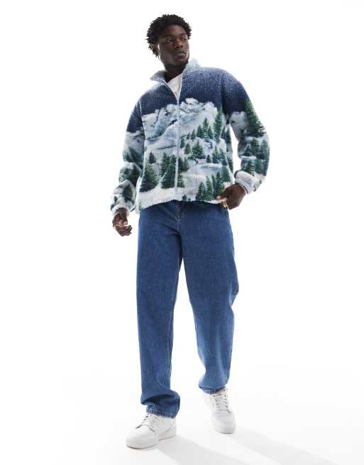 Levi's jacquard alpine peaks print sherpa full zip jacket in blue