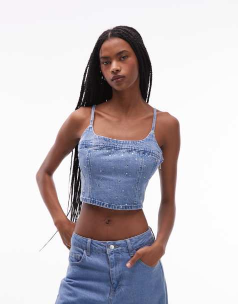 Levi's – Jadine – Camisole aus Jeansstoff in Blau mit All-over-Verzierung im Korsett-Design - view 1