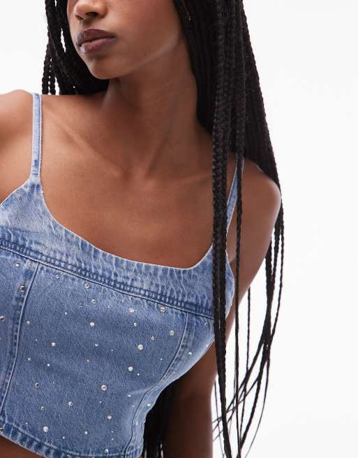 Levi's Jadine denim corset cami with all over embellishment in blue, 3 of 4