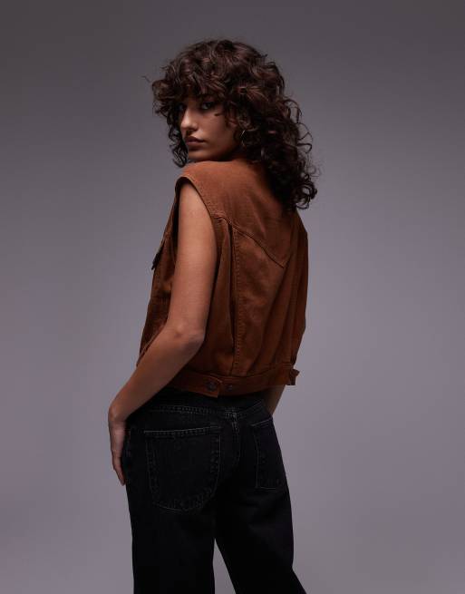 Levi's - Jaren 90-stijl lichtgewicht gekrompen denim hemdje in bruin, 3 van 4