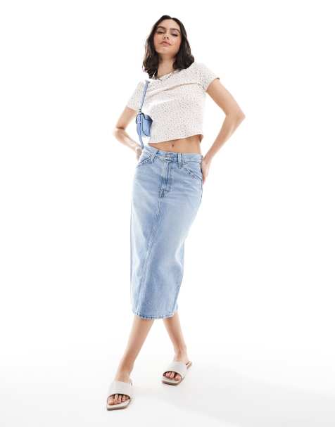 Levi's high rise midi skirt with back slit in light blue