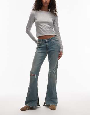 Jean bootcut slim à taille basse avec genoux déchirés - Bleu clair W25 L30